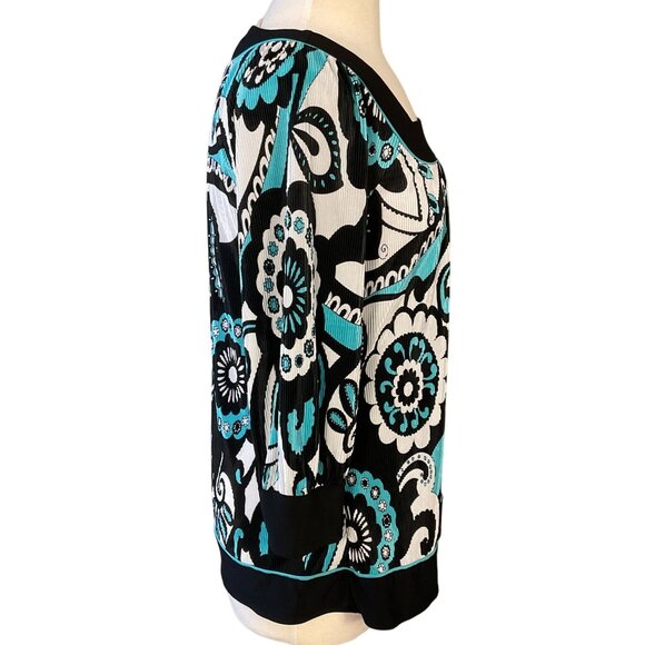Covington 3/4 Sleeve Square Neck Accordion Pleat Retro Floral Blk Wh Teal Top LG - Picture 5 of 10